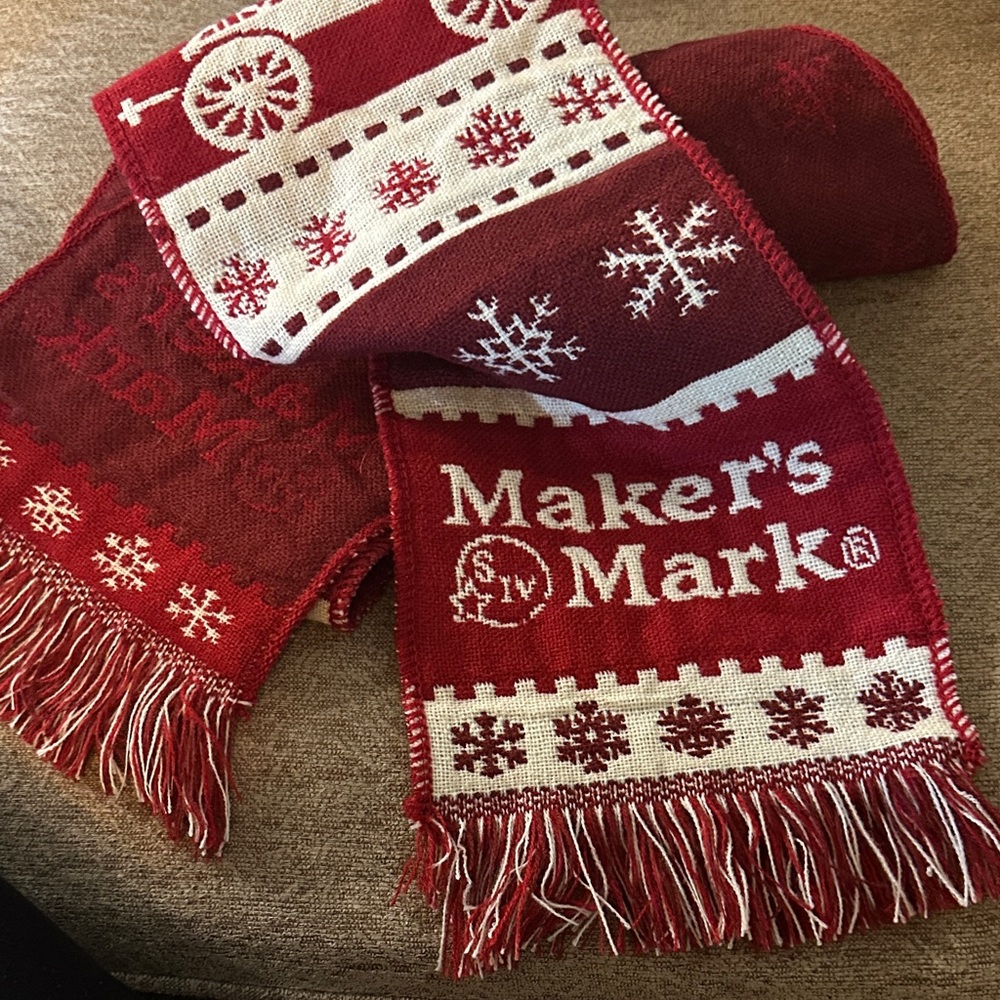 Maker’s Mark Bourbon Holiday Scarf Red Cream Snowflake Whiskey Unisex